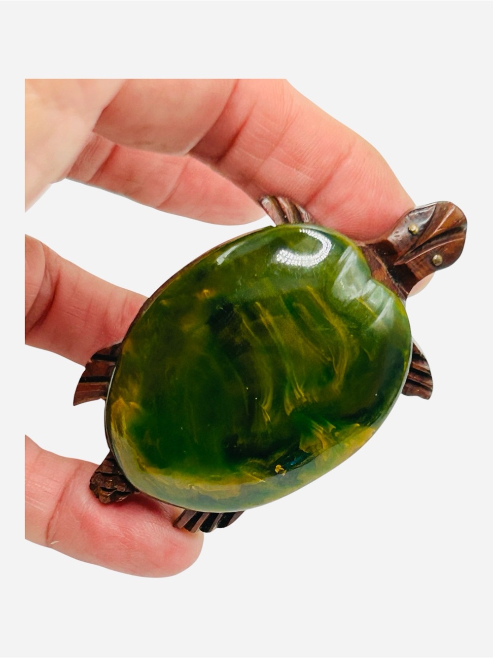 Huge Vintage Marbled Green Bakelite Wood Turtle Brooch
